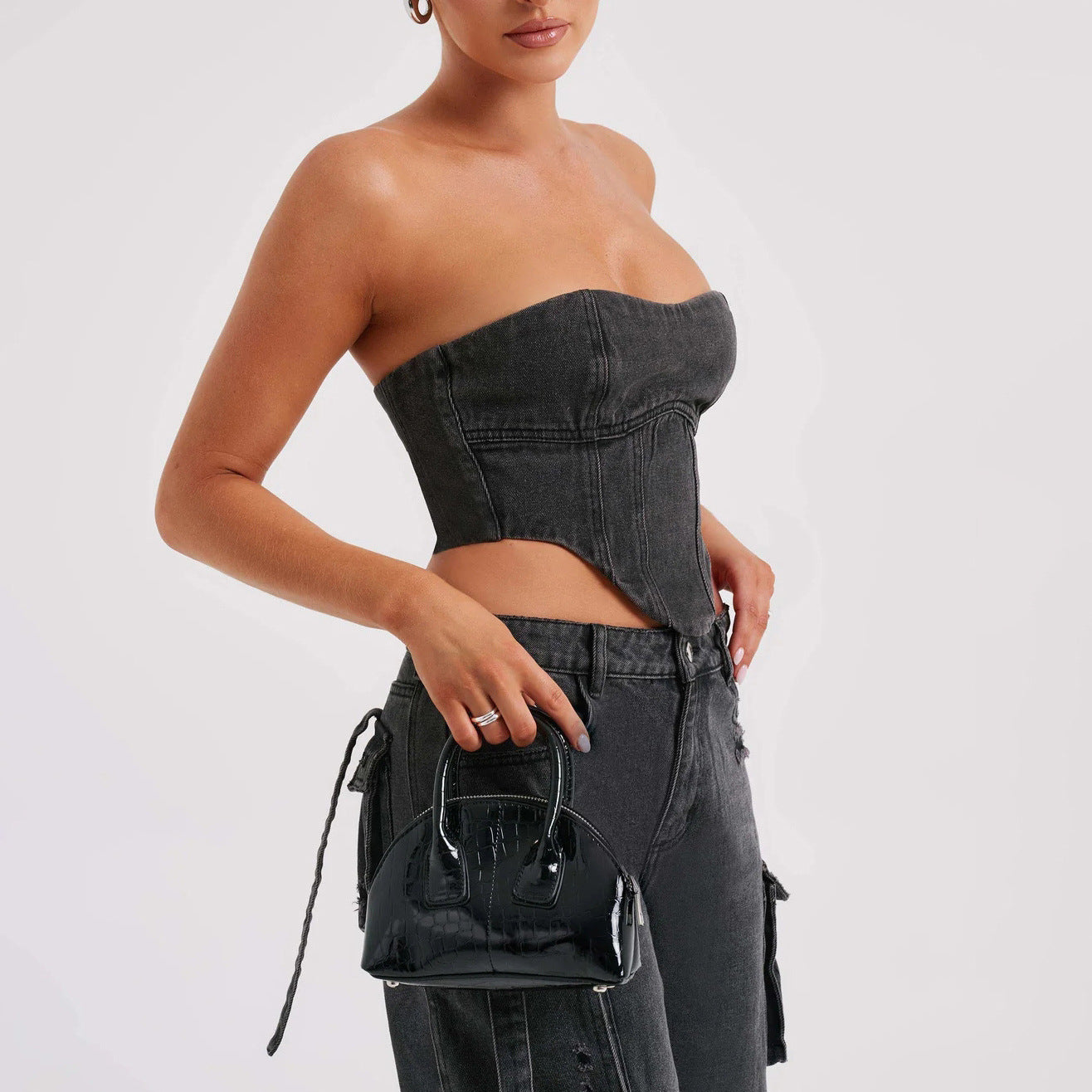 Ensemble 2 pièces en jean pour femme, haut tube dos nu sexy et pantalon droit multi-poches, pantalon long à la mode