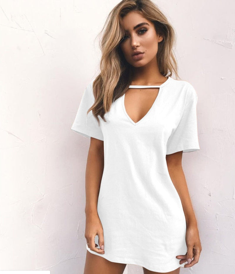 Europe et Amérique Sexy Deep V T-shirt à manches courtes Robe décontractée ample