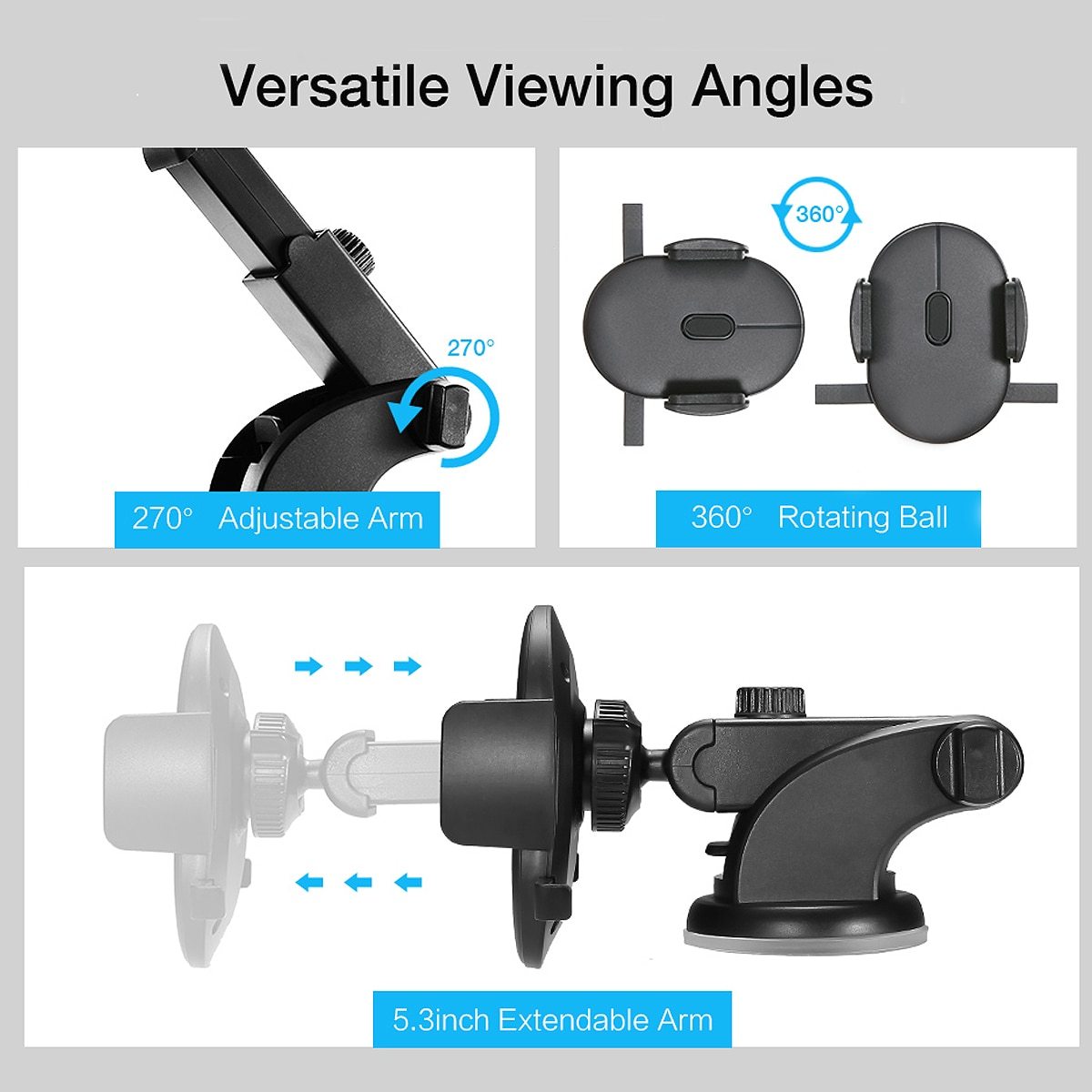 Support de téléphone pour voiture à long bras, type ventouse télescopique pour tableau de bord.