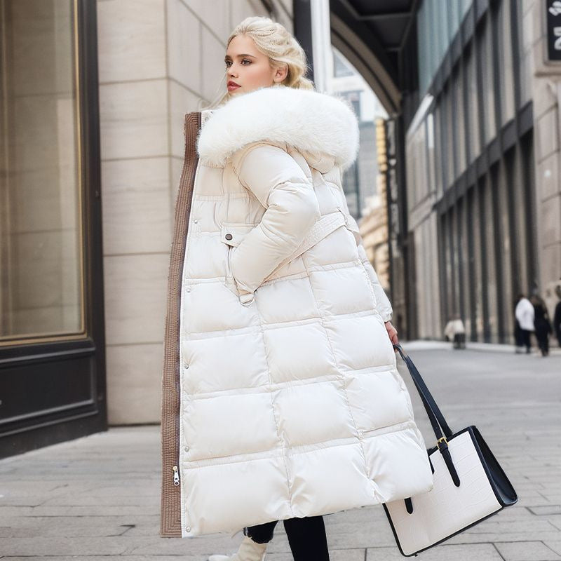 Manteau long slim d'hiver avec capuche en fourrure et ceinture, manteau à capuche solide, vêtement chaud pour femmes.