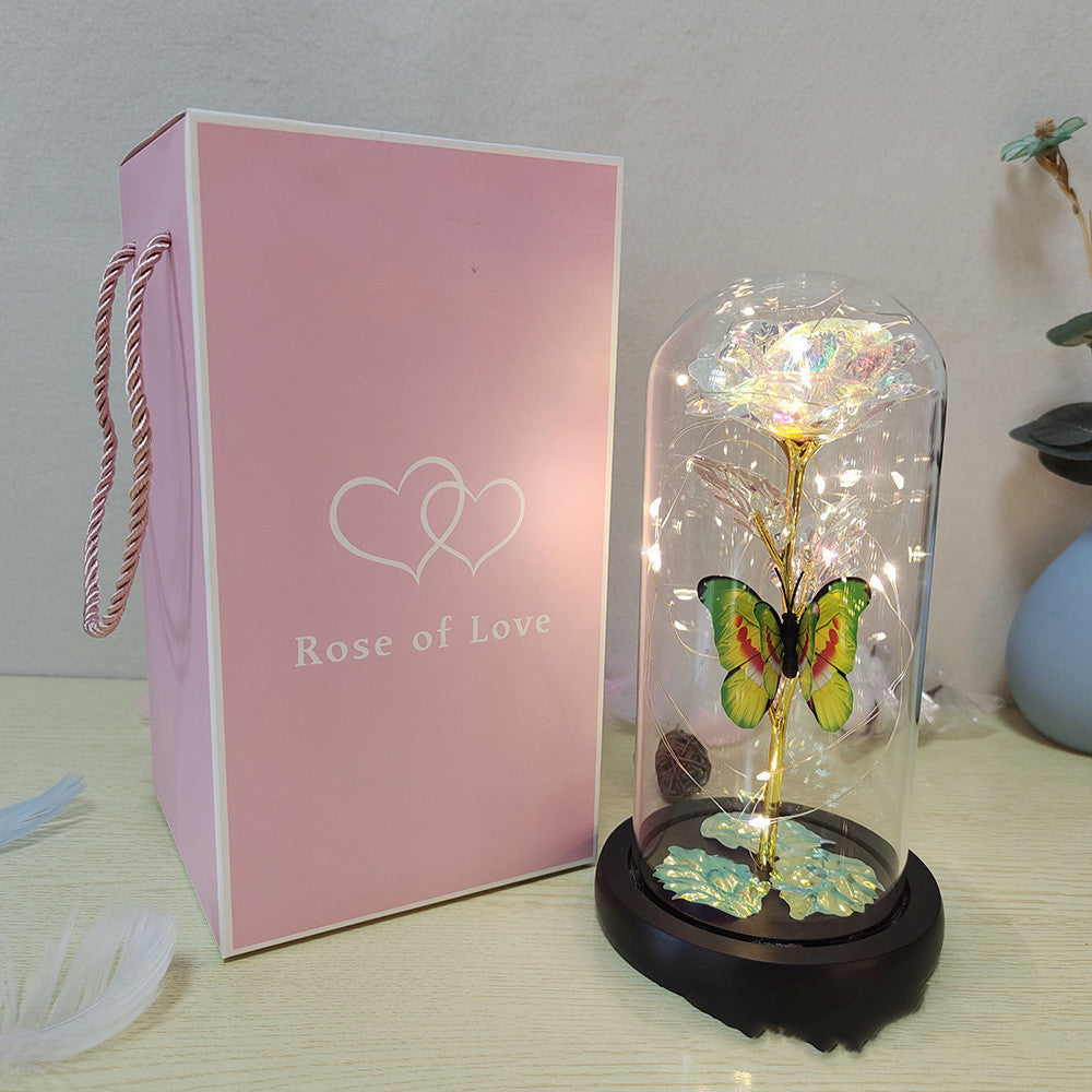 Cadeau de Saint-Valentin Rose éternelle Fleur en aluminium avec lumière LED dans un couvercle en verre Cadeaux de mariage pour la fête des mères Cadeau de demoiselle d'honneur