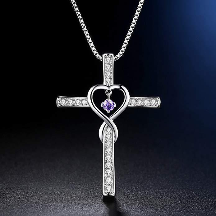 Collier avec pendentif en cristal et pierre de naissance en forme de croix chrétienne, amour infini, Dieu en qui nous avons confiance, pierres précieuses colorées, collier en forme de cœur en zircon, bijoux pour femmes