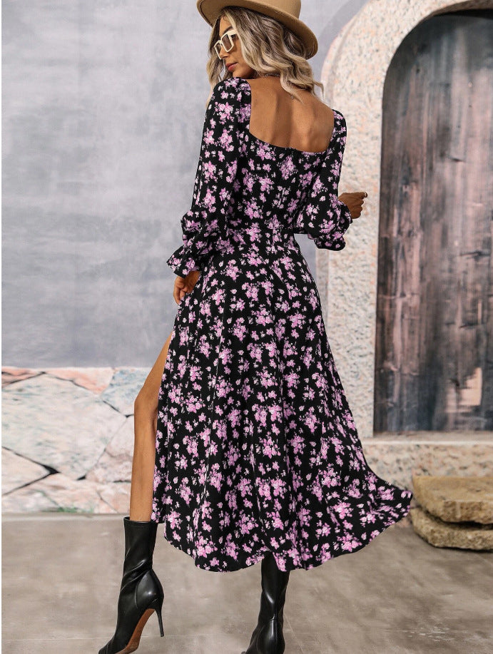 Robe à manches longues imprimée de fleurs, mode, décolleté carré, fente en bas, vêtements pour femmes.