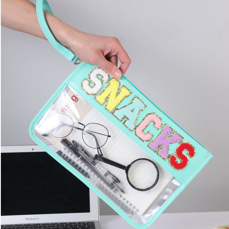 Sac de rangement transparent en PVC avec fermeture éclair et broderie de lettres