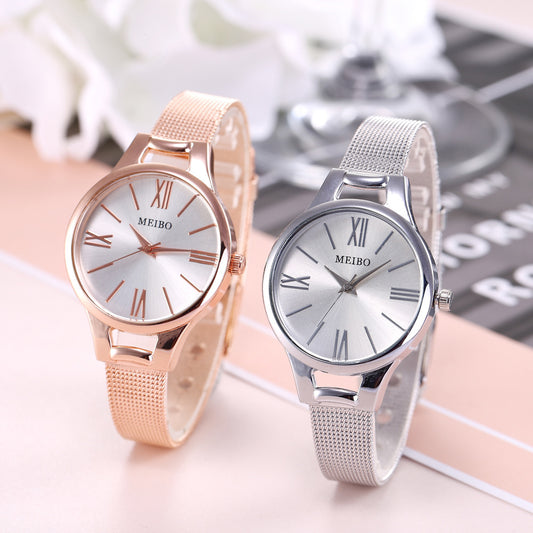 Montre-bracelet en acier inoxydable à boucle ardillon en verre rond en or rose pour femme