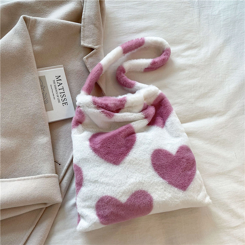 Sacs à main en peluche d'hiver pour femmes avec cœur d'amour.