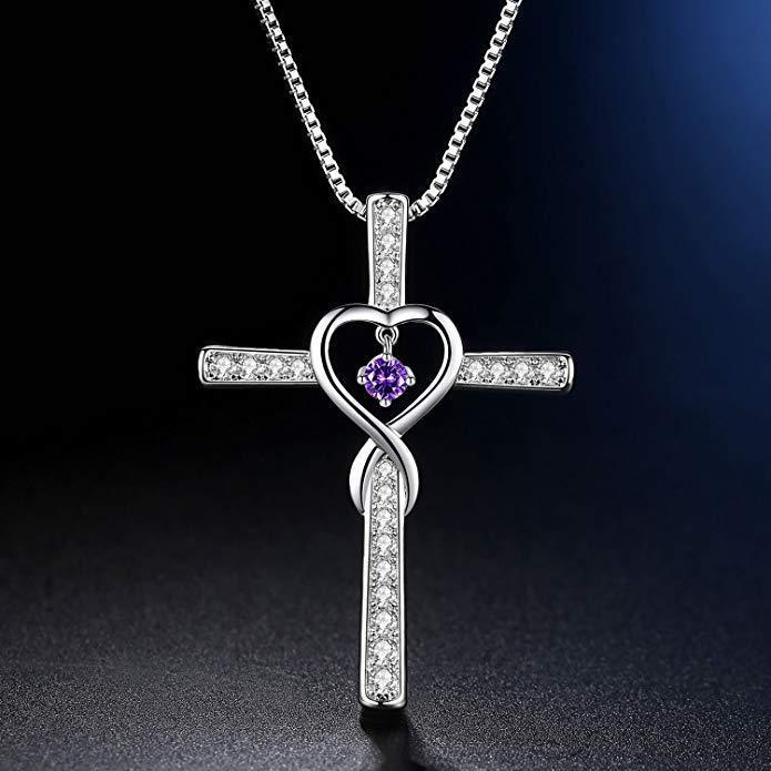 Collier avec pendentif en cristal et pierre de naissance en forme de croix chrétienne, amour infini, Dieu en qui nous avons confiance, pierres précieuses colorées, collier en forme de cœur en zircon, bijoux pour femmes