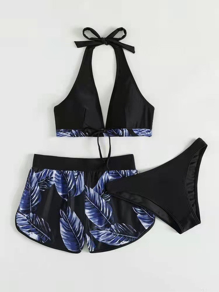 Maillot de bain 3 pièces imprimé feuilles avec short pour femme