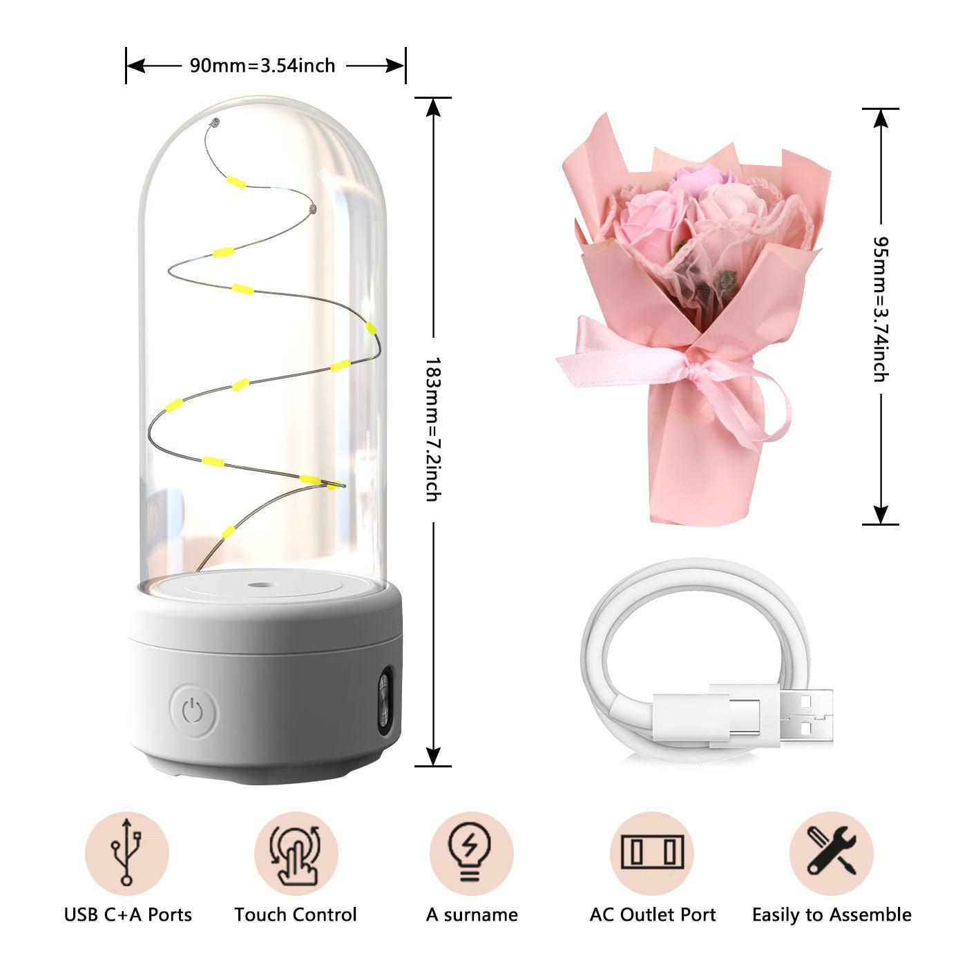 Bouquet créatif 2 en 1 avec lumière LED et haut-parleur compatible Bluetooth, cadeau de fête des mères, veilleuse lumineuse en forme de rose, ornement dans un couvercle en verre