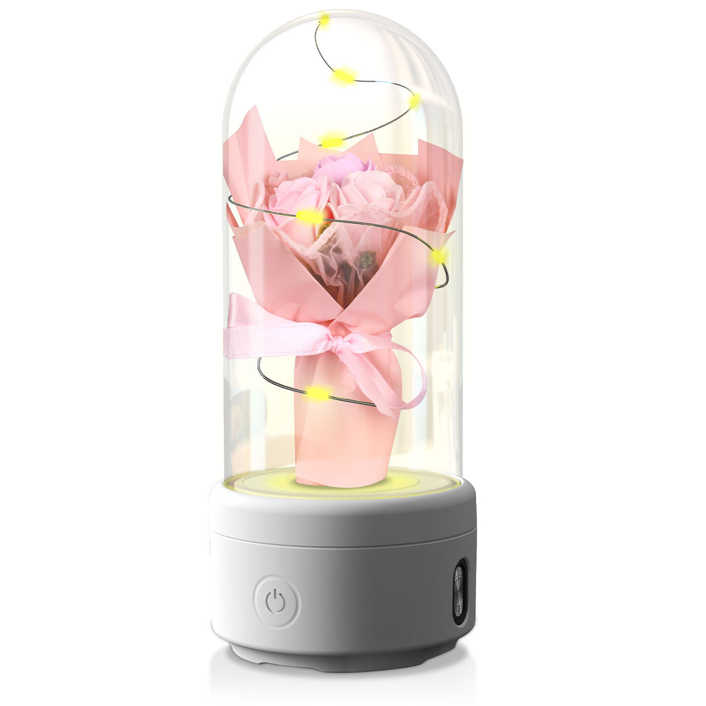 Bouquet créatif 2 en 1 avec lumière LED et haut-parleur compatible Bluetooth, cadeau de fête des mères, veilleuse lumineuse en forme de rose, ornement dans un couvercle en verre
