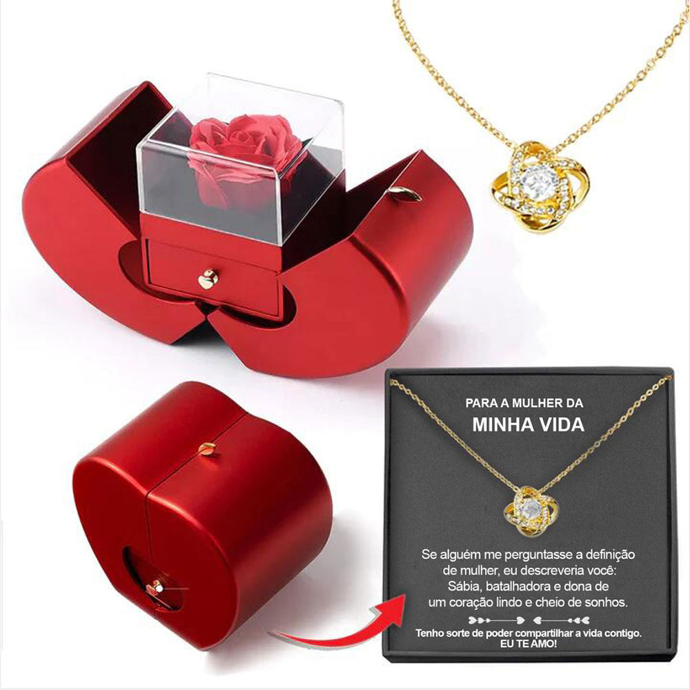 Boîte à bijoux de mode pomme rouge cadeau de Noël collier rose éternelle pour fille cadeaux de la fête des mères et de la Saint-Valentin avec boîte à bijoux en fleur artificielle.