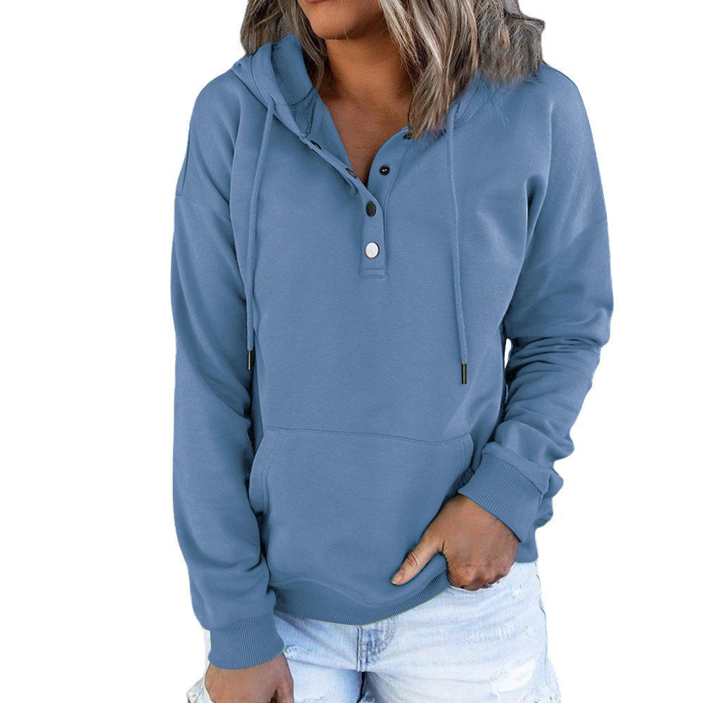 Sweat à capuche à manches longues avec poches, design décontracté avec boutons et cordon de serrage, vêtements de sport pour femmes, printemps et automne