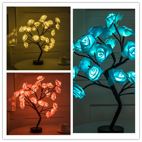 Lampe de table LED à piles USB en forme de fleur de rose, guirlande lumineuse pour arbre bonsaï, décoration de chambre à coucher, décoration d'intérieur