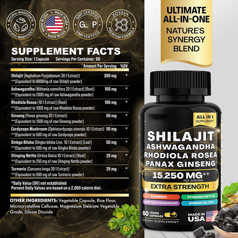 Shilajit Pure Himalayan 9000MG, Booster d'énergie Ashwagandha 2000MG, Rhodiola Rosea 999MG, Panax Ginseng 1500MG, Curcuma 500MG, Ginkgo Biloba 500MG, Ortie 250MG Champignon Cordyceps 500