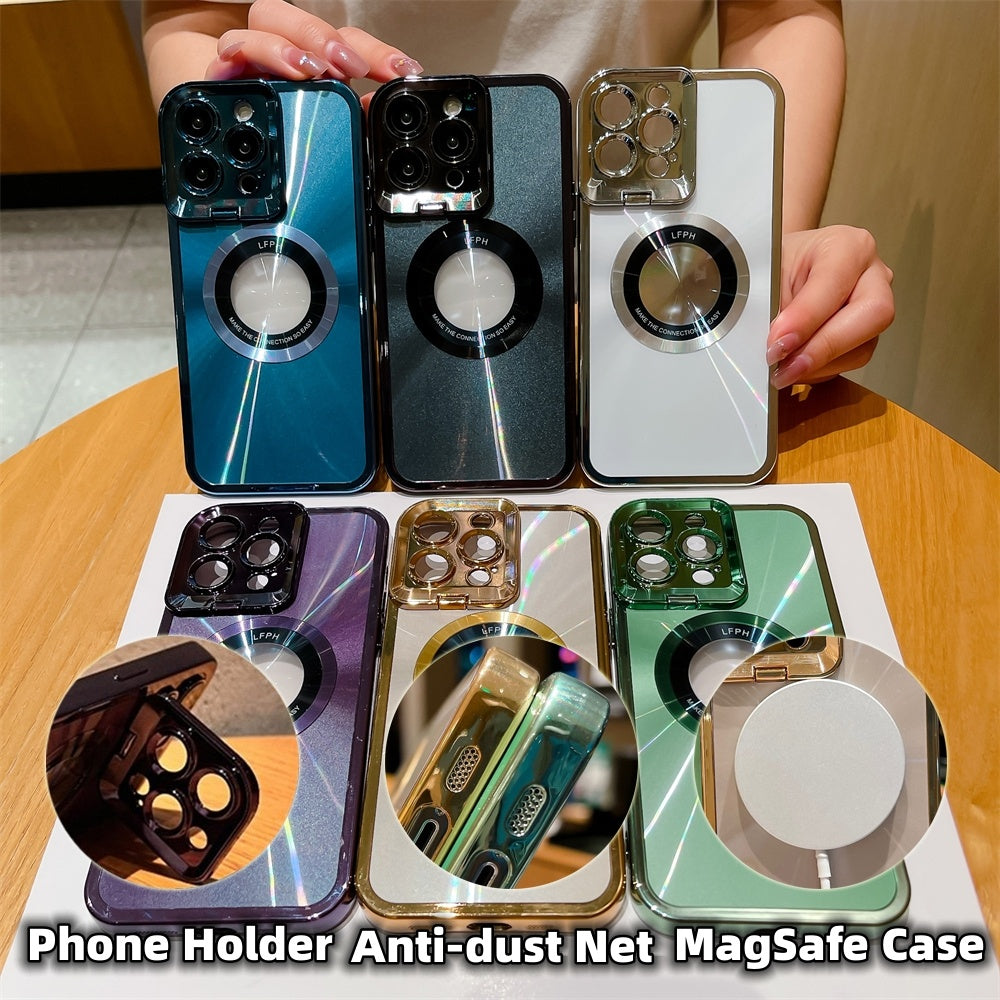 Coque de téléphone électroplaquée, plaquage de luxe, motif CD, étui avec support Magsafe pour 12 13 14 Pro Max, support de caméra invisible, support d'objectif, aspiration magnétique.