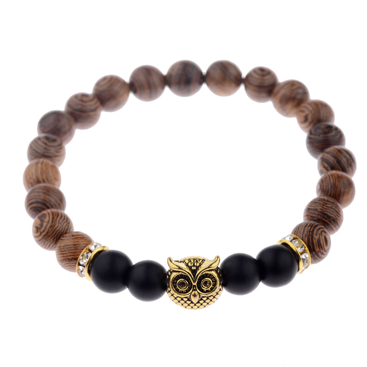 Bracelet hibou en pierre givrée et grain de bois