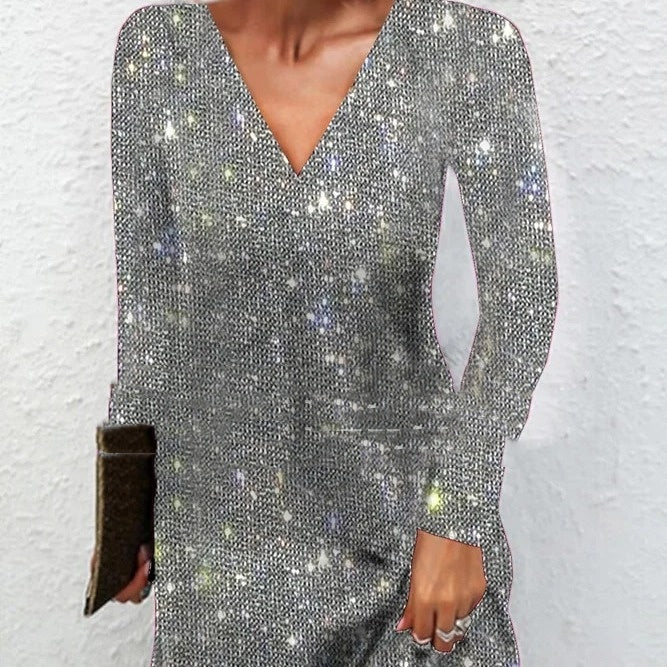 Robe élégante et sexy à paillettes et col en V