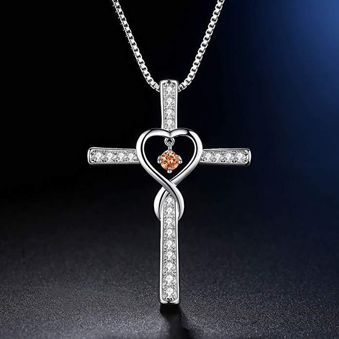 Collier avec pendentif en cristal et pierre de naissance en forme de croix chrétienne, amour infini, Dieu en qui nous avons confiance, pierres précieuses colorées, collier en forme de cœur en zircon, bijoux pour femmes