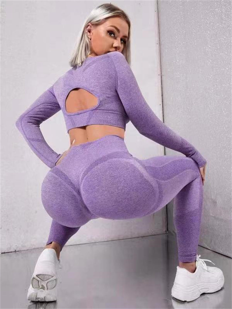 Ensembles de sport 2 pièces, hauts à manches longues avec design creux et leggings de fitness sans couture à taille haute pour le soulèvement des fesses, vêtements de sport pour la gym.