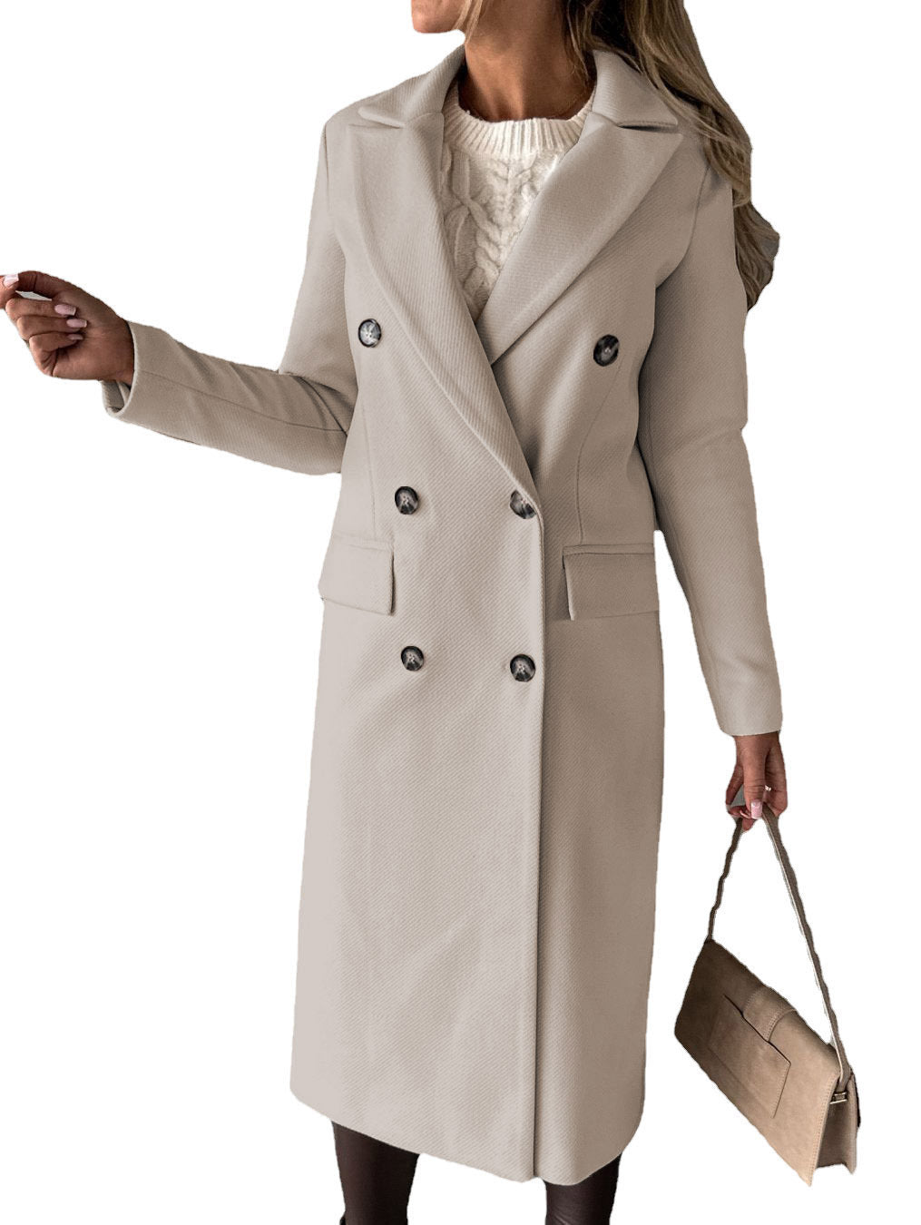 Manteau à manches longues avec col, mode d'hiver, solide, à double boutonnage, veste longue slim, vêtements pour femmes.