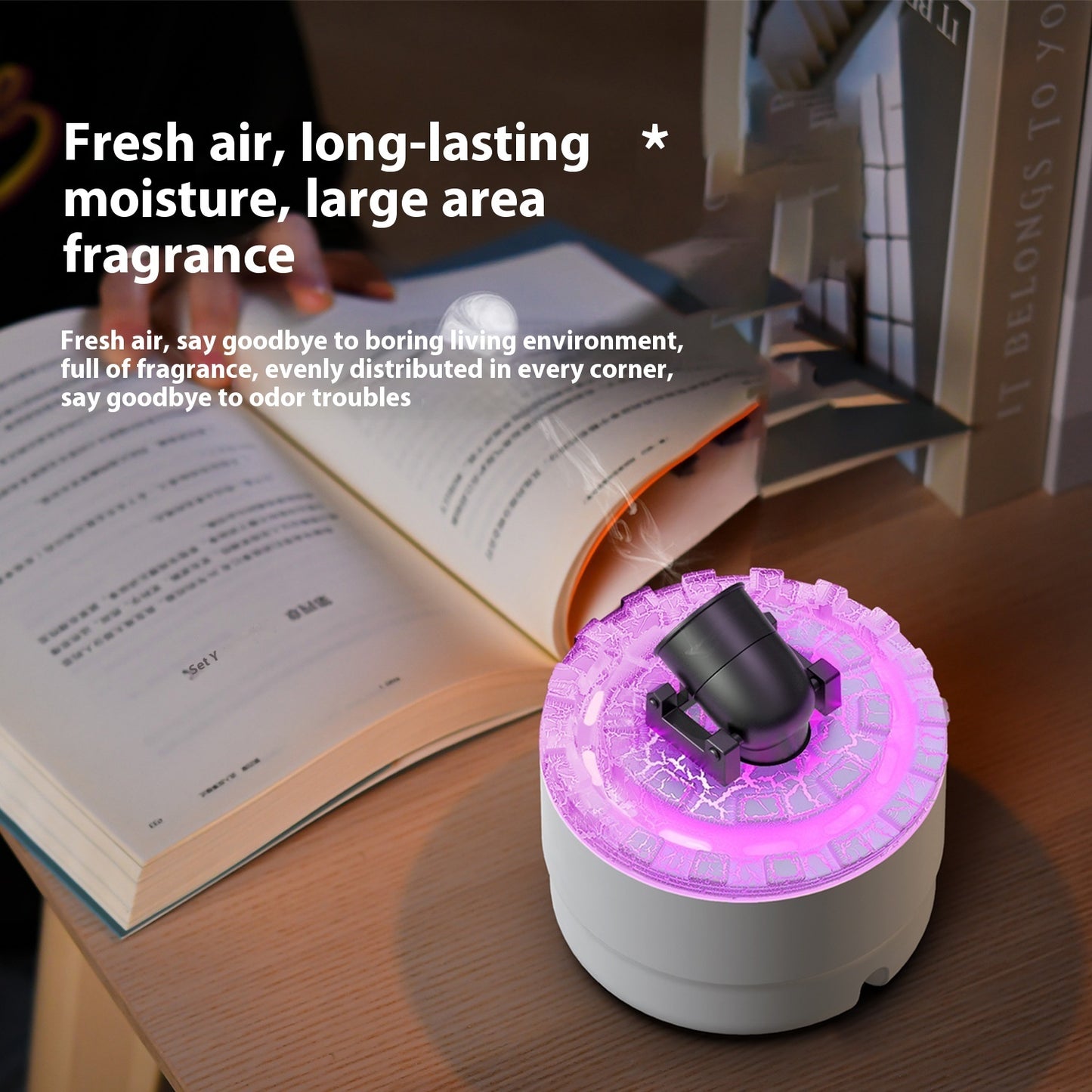 Diffuseur d'arôme à batterie, humidificateur à spray large, lumière d'ambiance à flamme colorée, pratique pour la maison et la chambre.