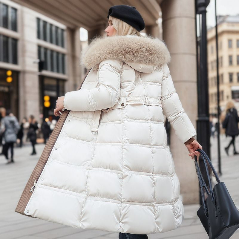 Manteau long slim d'hiver avec capuche en fourrure et ceinture, manteau à capuche solide, vêtement chaud pour femmes.