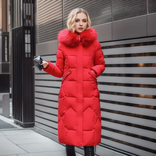 Veste matelassée en coton pour femmes avec col en fourrure large, au-dessus du genou.