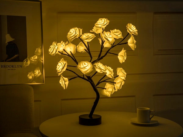 Lampe de table LED à piles USB en forme de fleur de rose, guirlande lumineuse pour arbre bonsaï, décoration de chambre à coucher, décoration d'intérieur