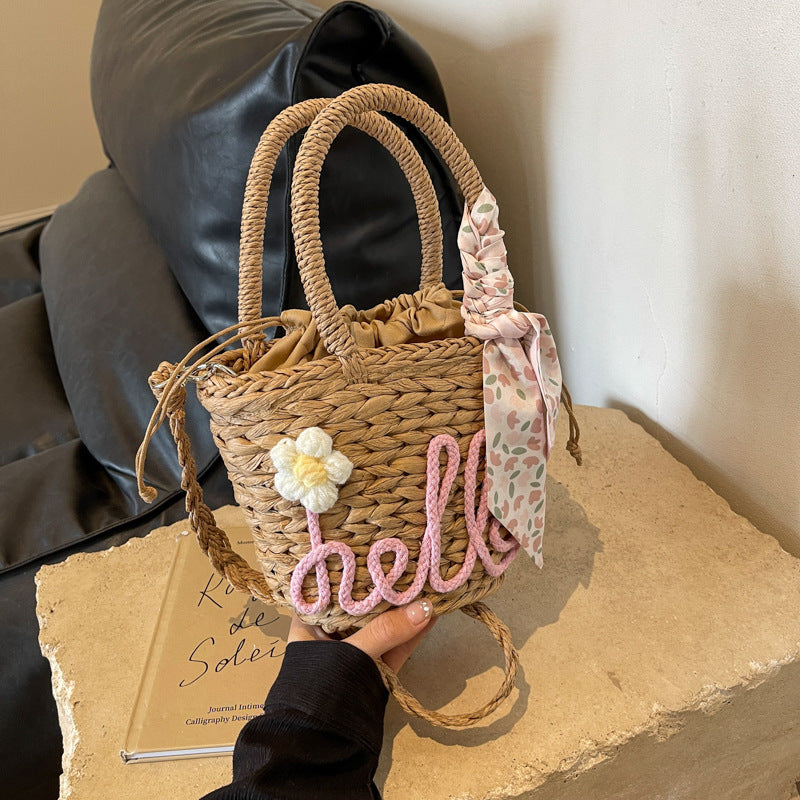 Sac à main tissé pour femme, sac à bandoulière en paille avec lettres tendance