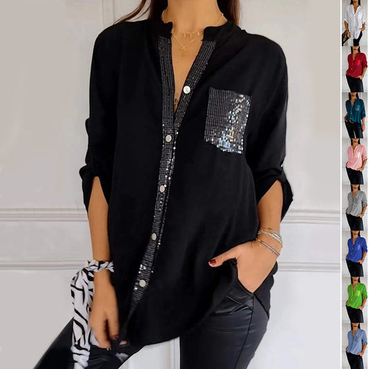 Chemise à manches longues décontractée avec design de poche en sequins, haut de mode pour femmes, vêtement de commutation.