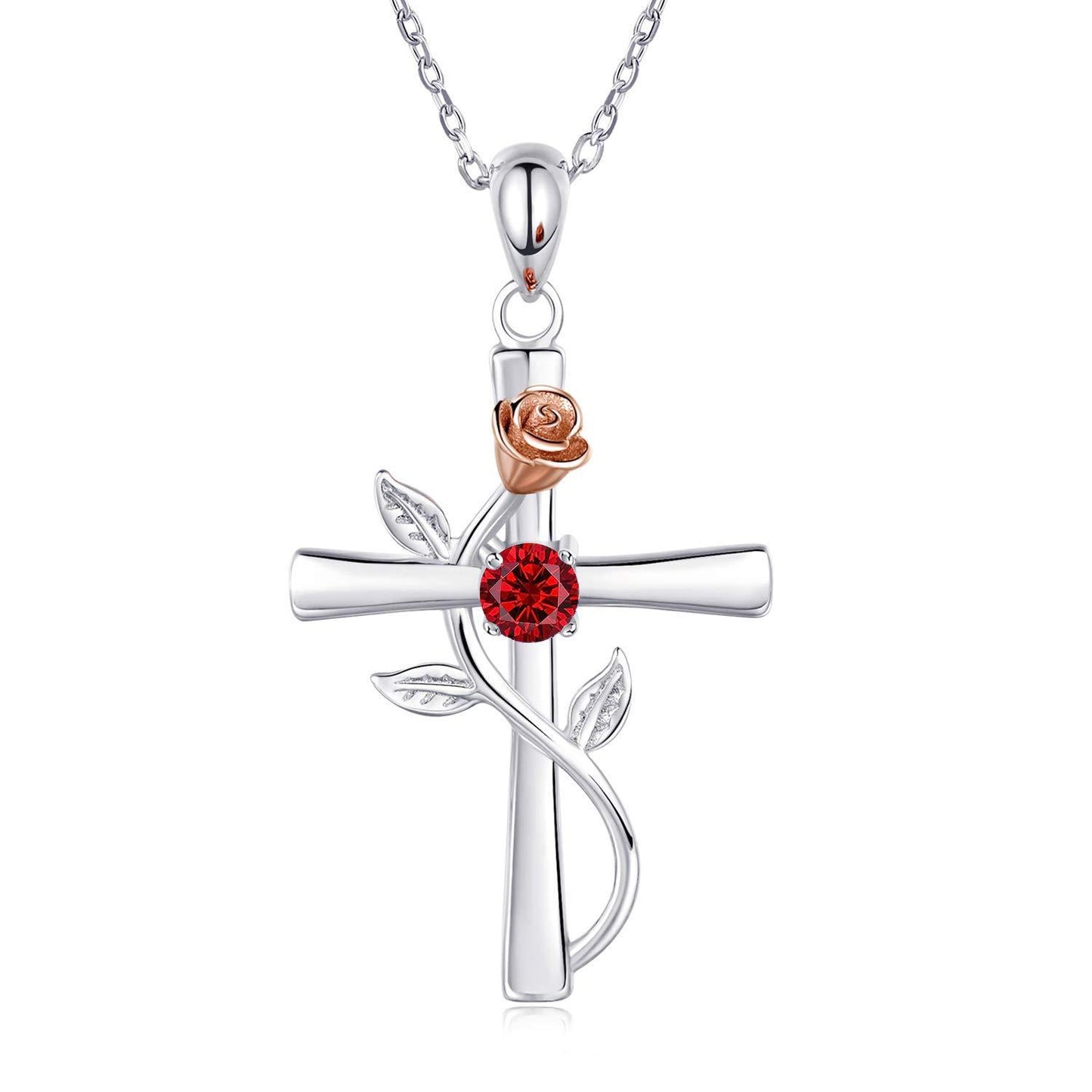 Collier en croix rose avec pendentif en pierres précieuses de mode, pierres de naissance de 12 mois, cadeau pour la Saint-Valentin ou un anniversaire.