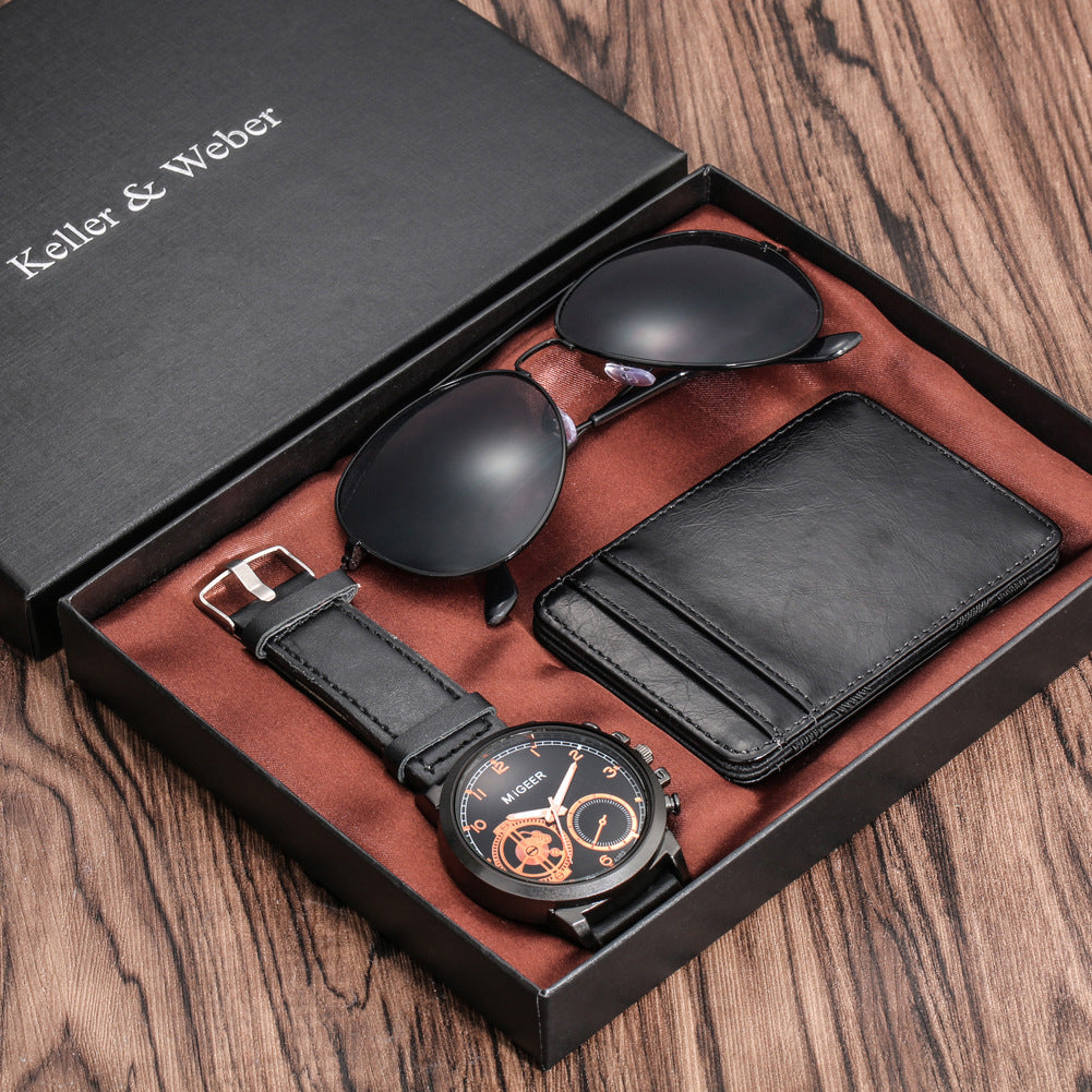 Coffret cadeau montre à quartz pour homme, lunettes, portefeuille, coffret cadeau