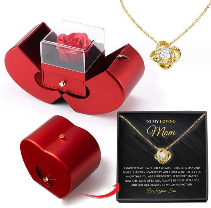 Boîte à bijoux de mode pomme rouge cadeau de Noël collier rose éternelle pour fille cadeaux de la fête des mères et de la Saint-Valentin avec boîte à bijoux en fleur artificielle.