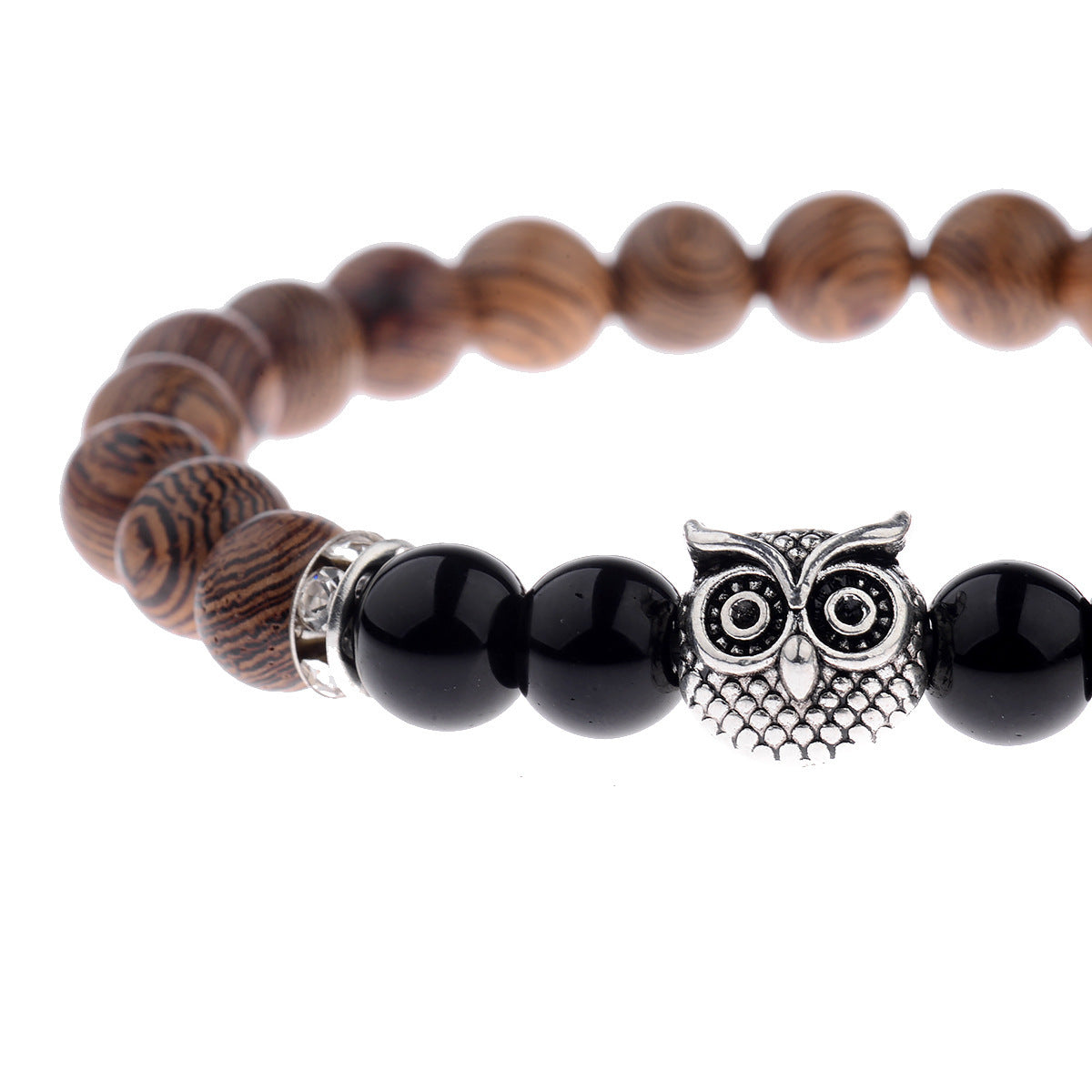 Bracelet hibou en pierre givrée et grain de bois