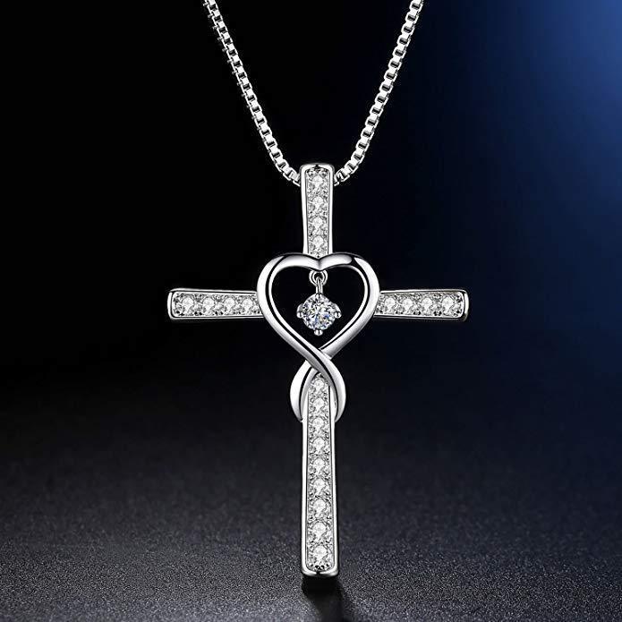 Collier avec pendentif en cristal et pierre de naissance en forme de croix chrétienne, amour infini, Dieu en qui nous avons confiance, pierres précieuses colorées, collier en forme de cœur en zircon, bijoux pour femmes