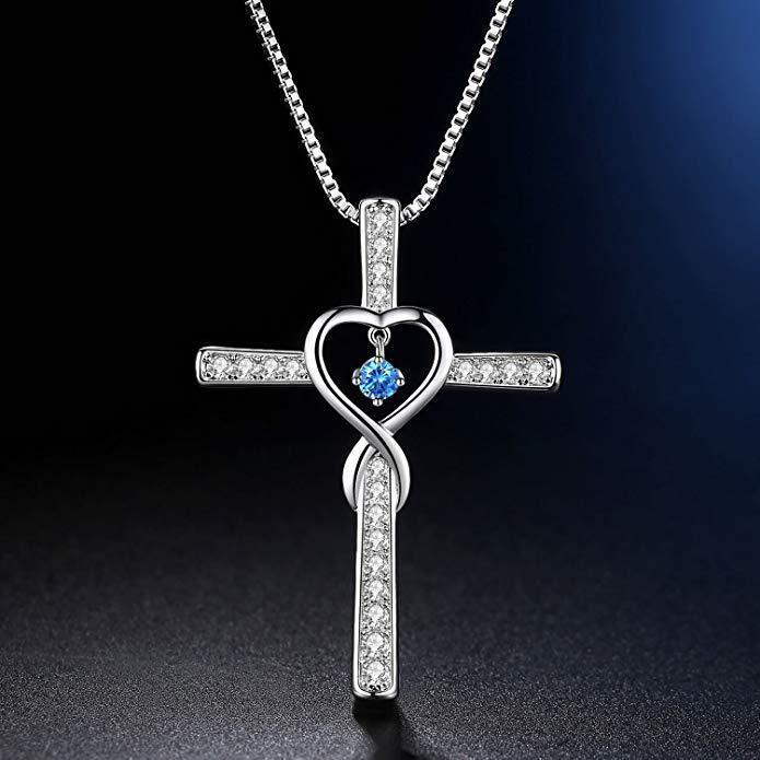 Collier avec pendentif en cristal et pierre de naissance en forme de croix chrétienne, amour infini, Dieu en qui nous avons confiance, pierres précieuses colorées, collier en forme de cœur en zircon, bijoux pour femmes