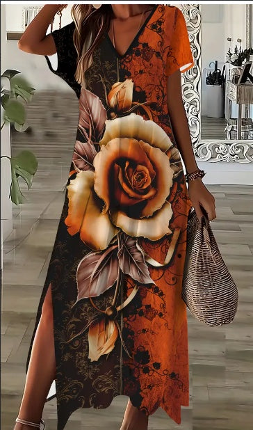 Robe maxi élégante à imprimé floral de roses avec décolleté en V et fente latérale, robe ajustée et évasée pour toutes les saisons.