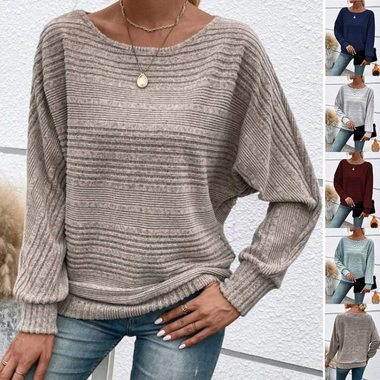 Solid Striped Batwing Sleeve T-shirt Casual Fashion Long Sleeve Round Neck Pullover Top for Spring Autumn Women Clothing.