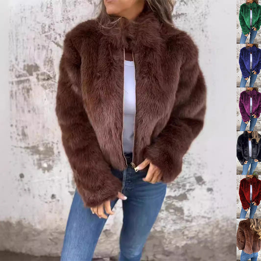 Veste en peluche à col montant, manteau zippé décontracté d'hiver, haut en polaire, vêtements pour femmes.