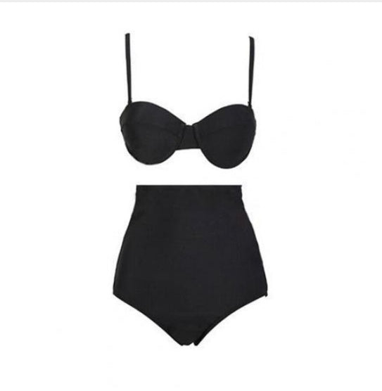 Maillot de bain bikini couleur unie sexy noir rétro taille haute maillot de bain bikini