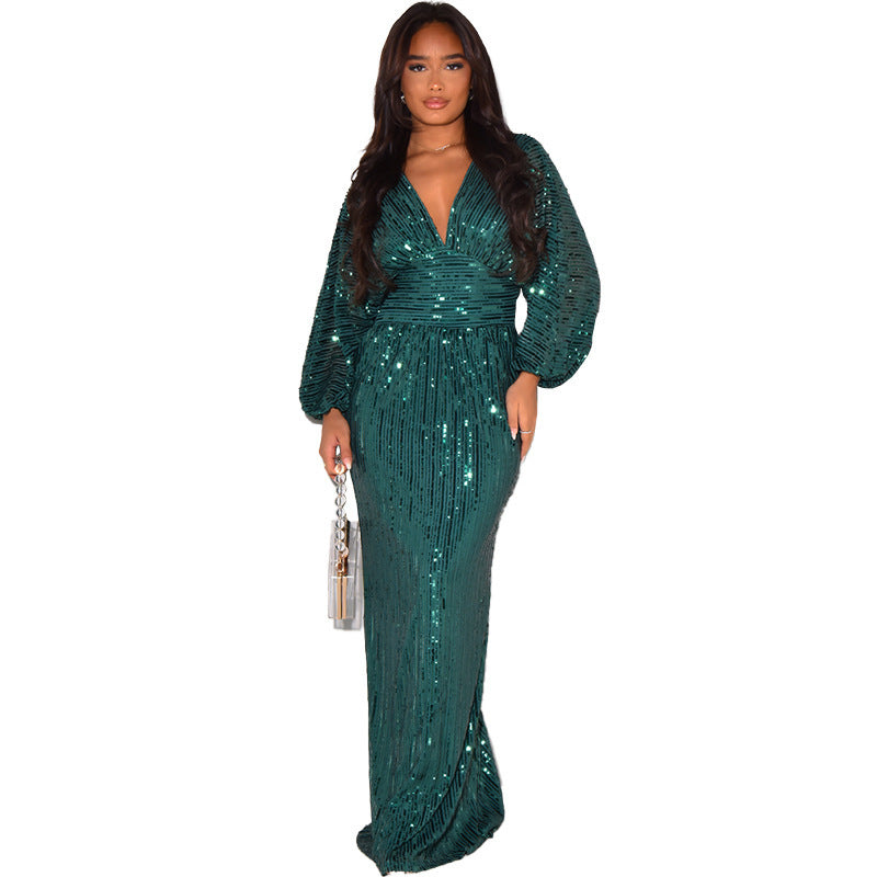 Robe longue sexy à paillettes et manches apparentes