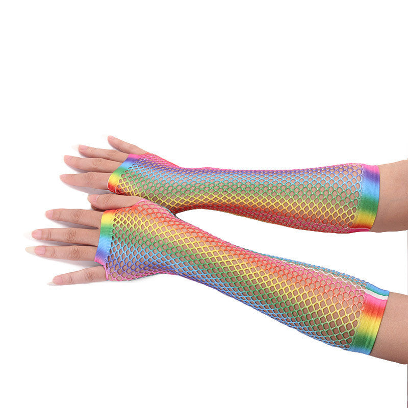 Gants longs en résille sexy de couleur arc-en-ciel avec demi-doigts