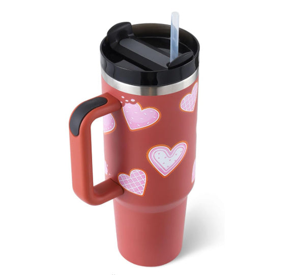 Gobelet de 40 oz avec poignée en paille isolée, tasse à café sous vide anti-déversement en acier inoxydable avec couvercle, tasse conique, cadeaux pour amoureux de la Saint-Valentin, convient pour la voiture, la salle de sport, le bureau, les voyages