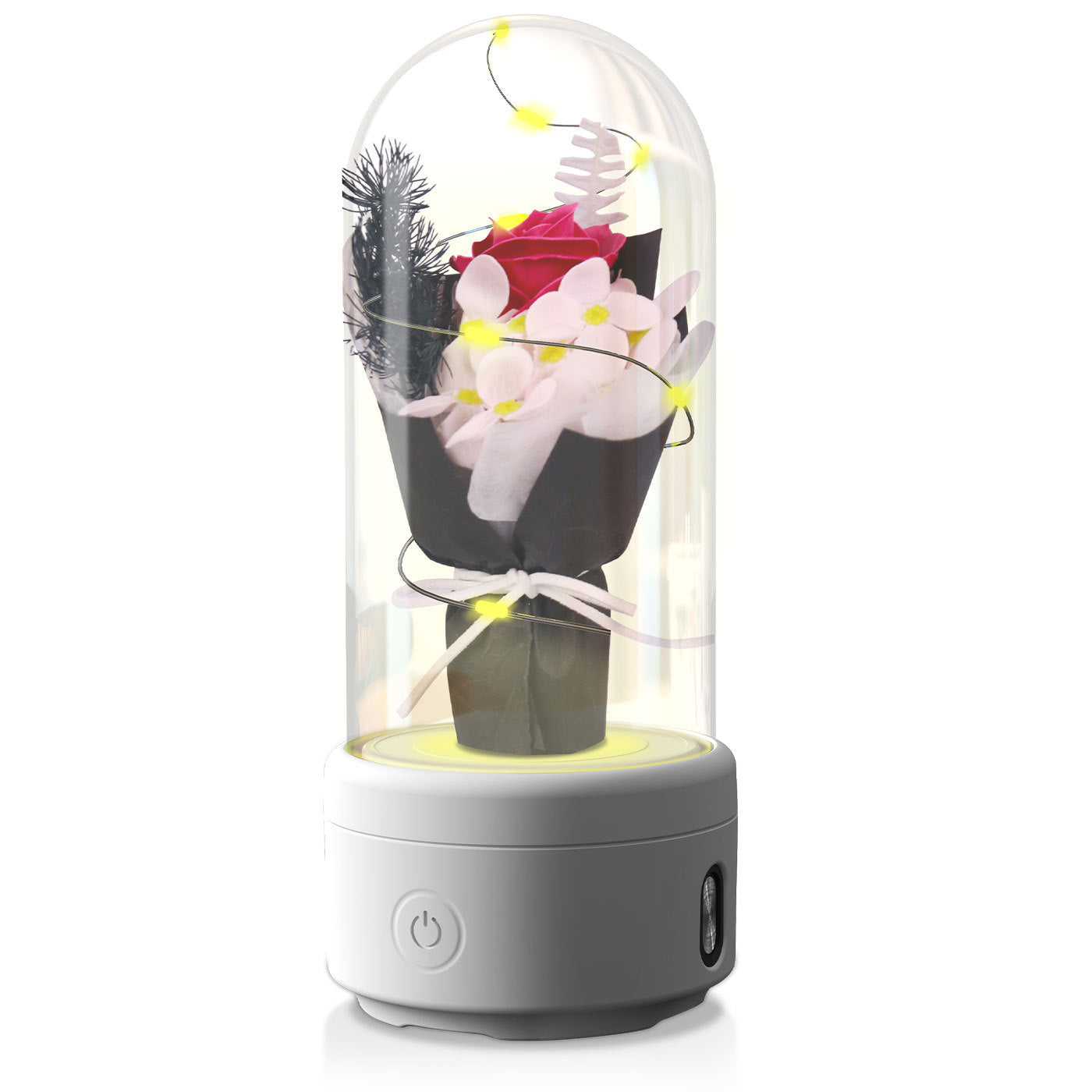 Bouquet créatif 2 en 1 avec lumière LED et haut-parleur compatible Bluetooth, cadeau de fête des mères, veilleuse lumineuse en forme de rose, ornement dans un couvercle en verre