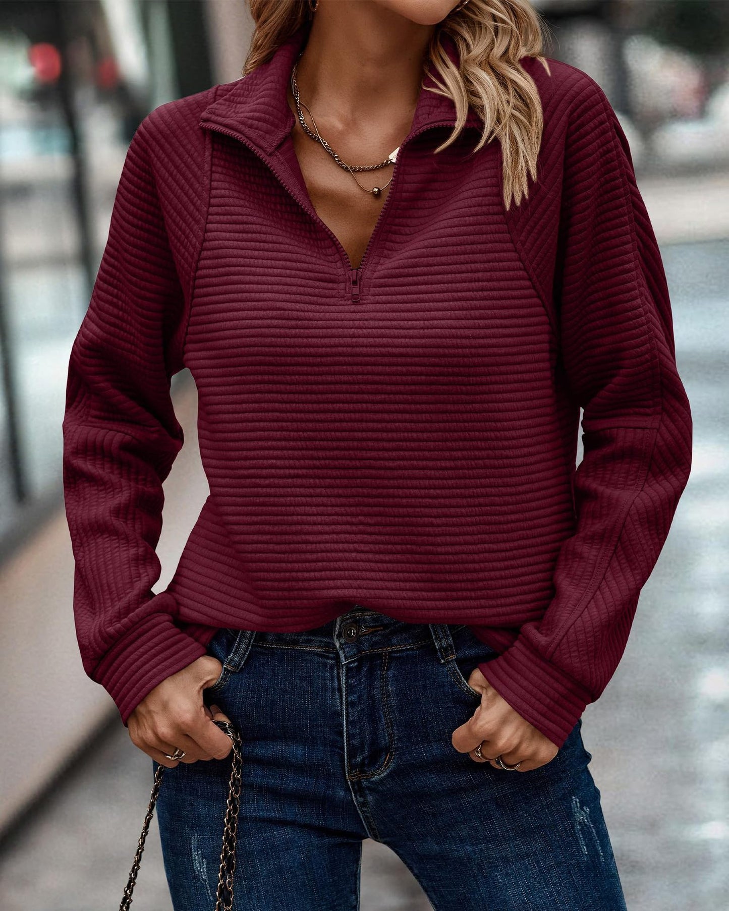 Sweat-shirt à col montant avec fermeture éclair et manches longues pour femme, haut rayé uni à la mode, printemps et automne