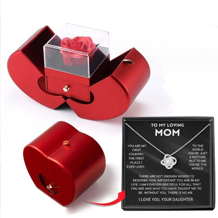 Boîte à bijoux de mode pomme rouge cadeau de Noël collier rose éternelle pour fille cadeaux de la fête des mères et de la Saint-Valentin avec boîte à bijoux en fleur artificielle.