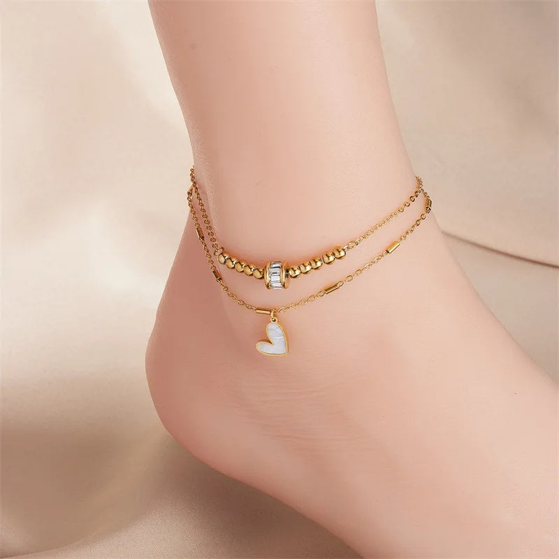 Bijoux de mode Boho classique amour coeur chaîne de cheville double couche chaîne bracelet cheville breloque gland chaîne de jambe sur pied chaîne femmes fête bijoux accessoires