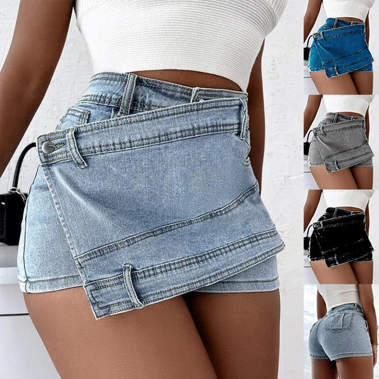 Shorts en denim vintage Y2K avec taille enveloppante extensible, ourlet asymétrique solide, jupe skort mini skinny en forme de A.