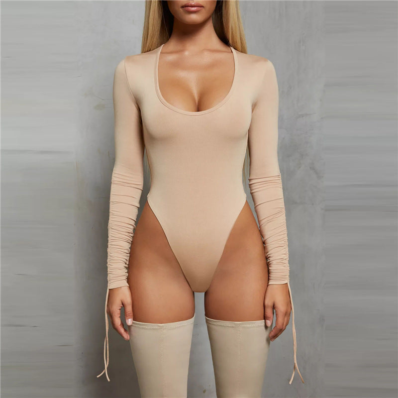 Body sexy à manches longues et col rond de couleur unie - Micro-élasticité extensible, détails avec cordon de serrage, lavable en machine - Parfait pour la saison du printemps et de l'automne