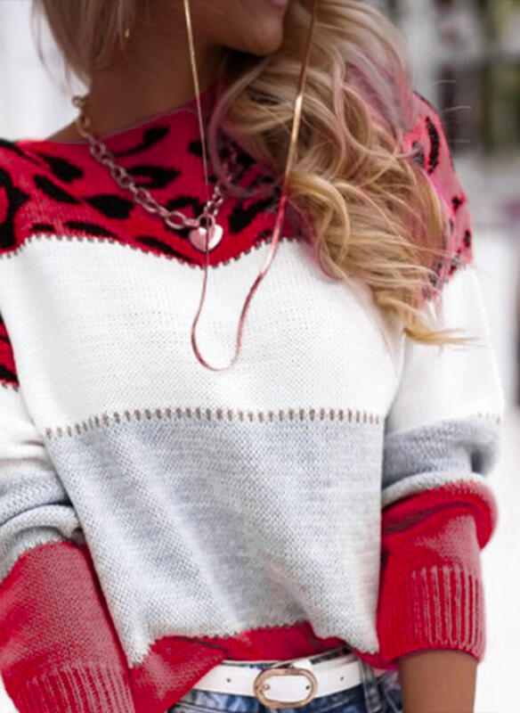 Pull décontracté à col rond en imprimé léopard coloré pour femmes